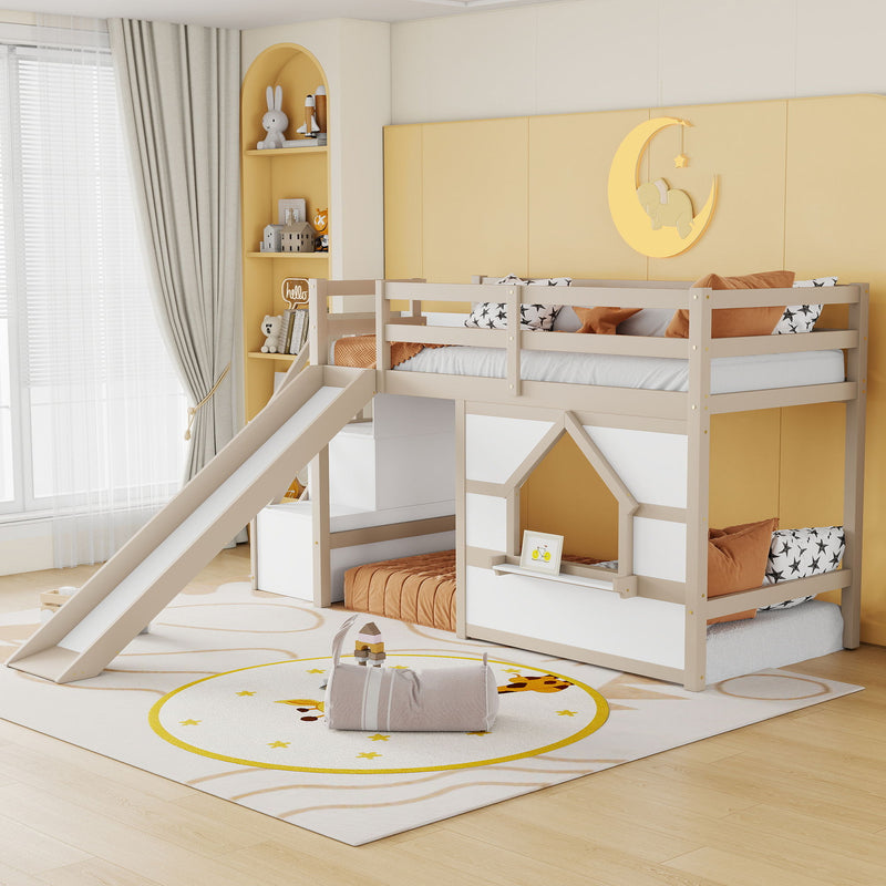 Loft Bed With Storage Stairs, Slide, Playhouse Window And 7 Colors LED Lights
