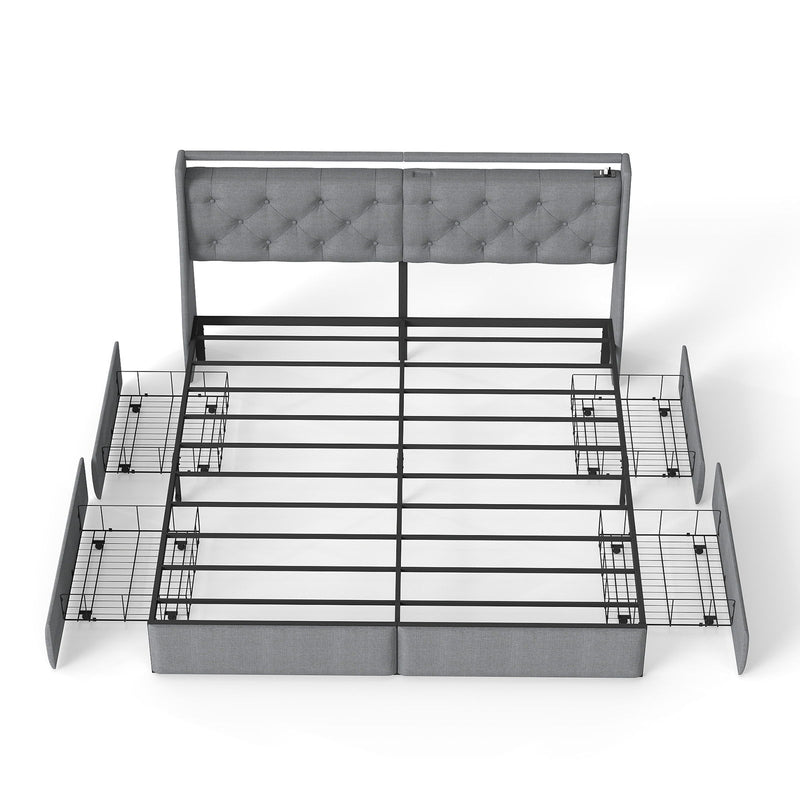 Platform Bed Frame With RGB LED Lights, Charging Station, Storage Headboard & 4 Underbed Drawers