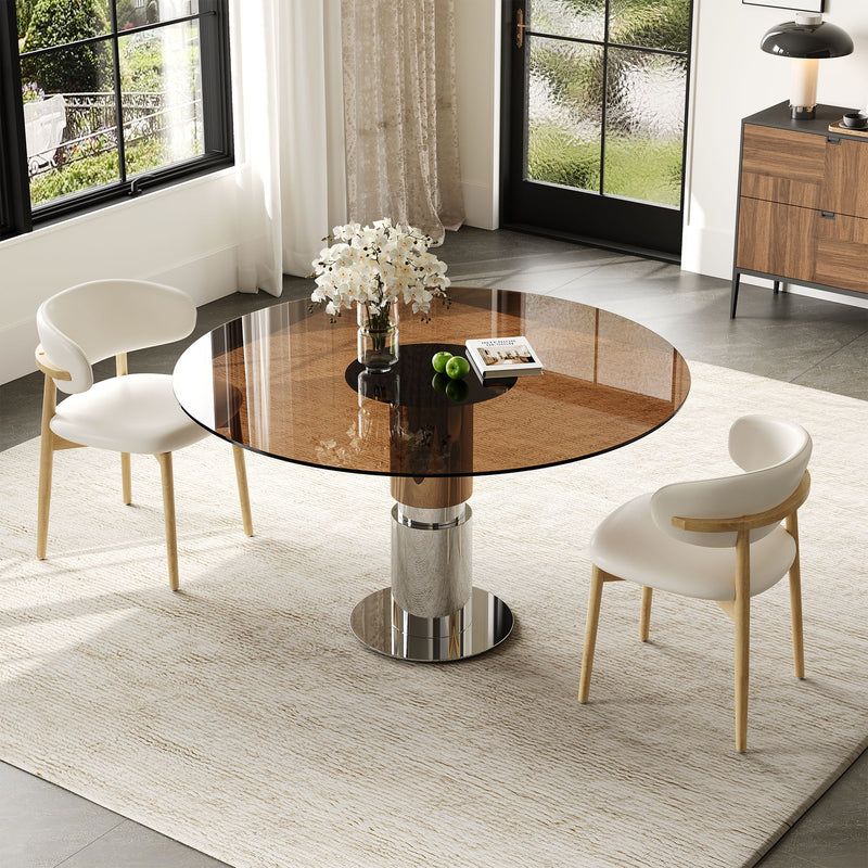 Round Dining Table & Tempered Glass Top - Brown