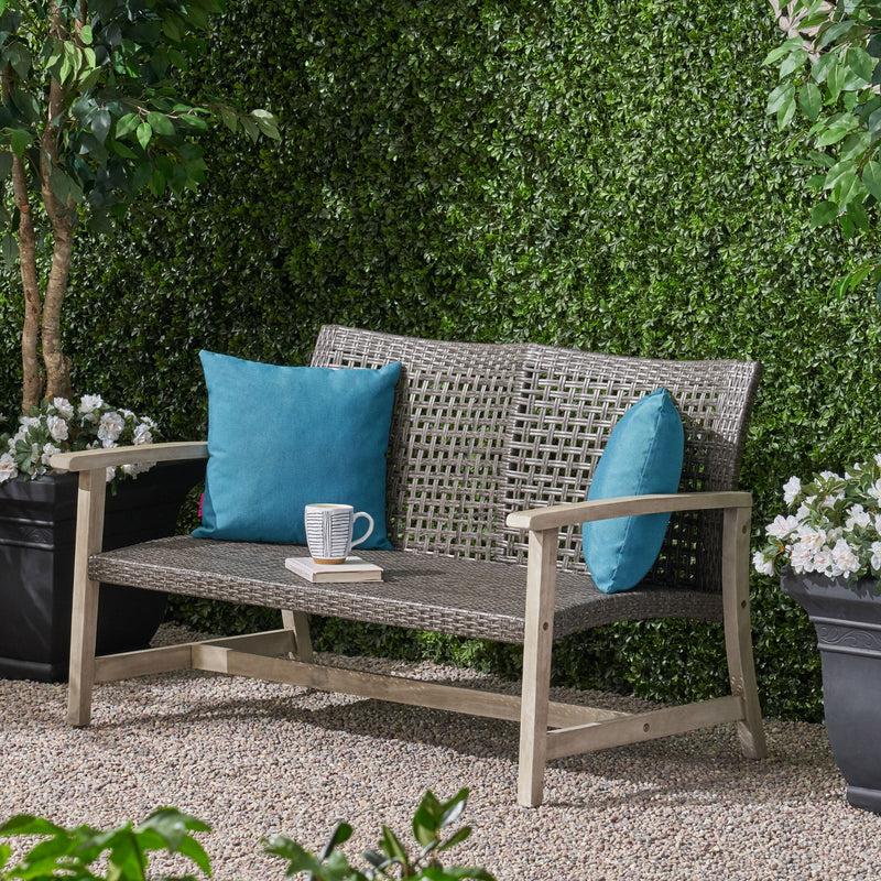 Hampton - Outdoor Wood And Wicker Loveseat - Gray