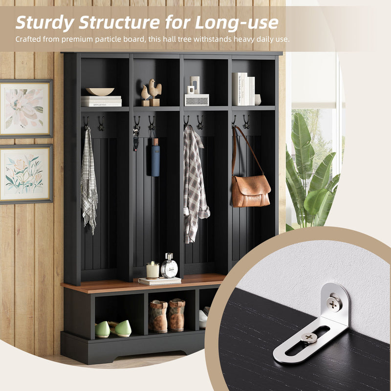 Hall Tree With 8 Hooks, Practical Entryway Bench With Open Compartments