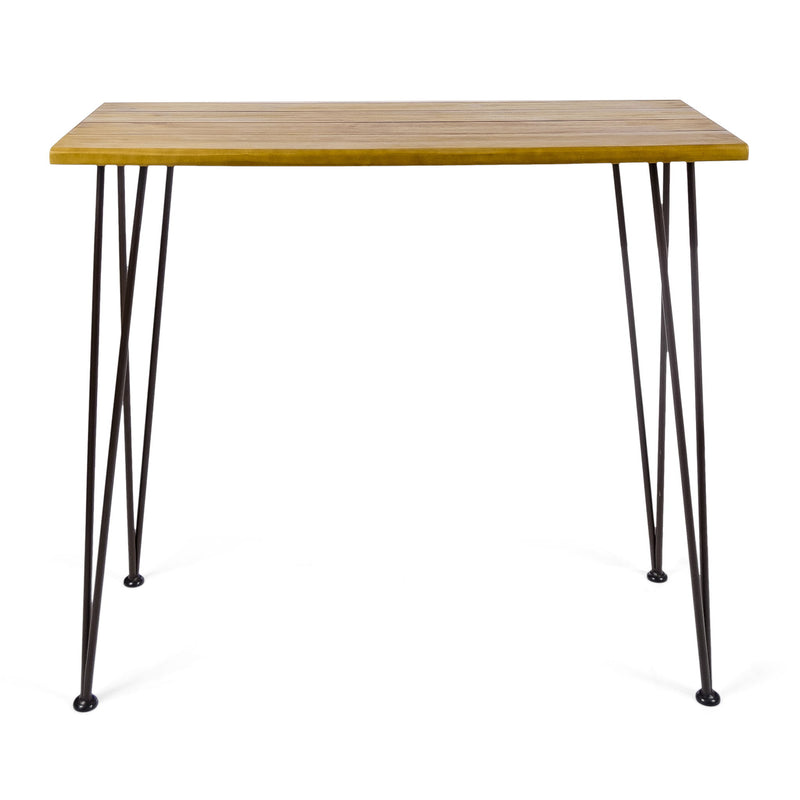 Dione Outdoor Industrial Acacia Wood Bar Set With Metal Frame And Slat Paneling - Brown
