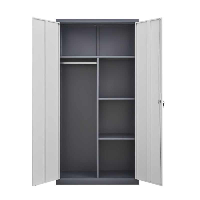 Wardrobe With Hanging Rod And Compartments, Lockable Closet With Locks & Keys For Bedroom - Gray