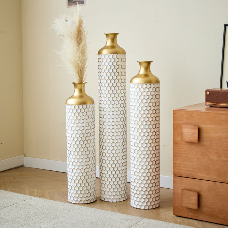 3 Piece Set Gorgeous Home Decoration Large Glazed Floor Vase Decoration Home Droplet Shaped - Gold / White