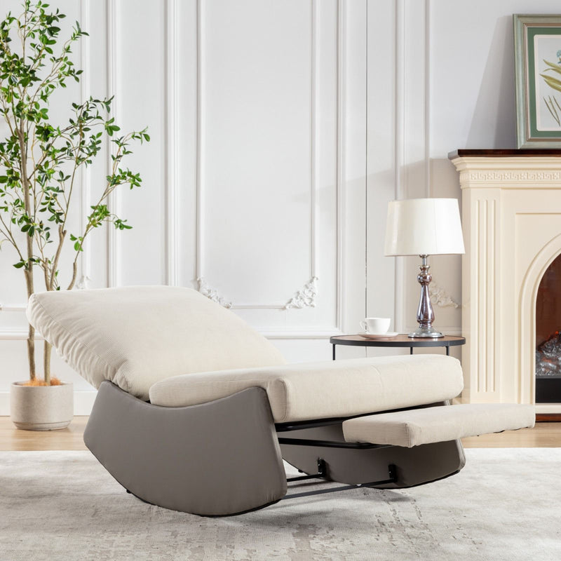 Modern Rocking Chair Recliner, Comfy Rocker Nursery Chair With Footrest, Accent Reading Chair, Upholstered Lounge Chair For Relaxing, Resting, Soft Padded Rocker For Indoor Living Room Bedroom - Gray / Beige