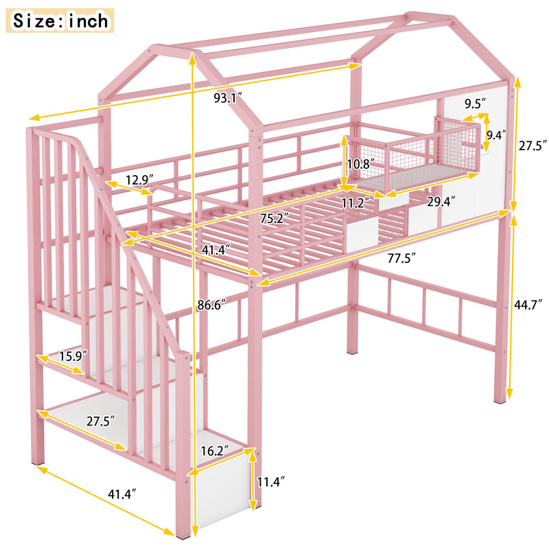 Metal Loft Bed With Roof Design And Storage Box With Guardrails And Integrated Ladder