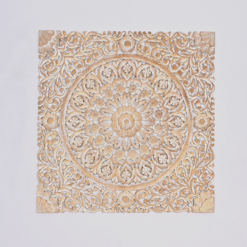 Floral Hand Carved Mandala Square Wall Decor With Spiritual Symbolism - Gold / White
