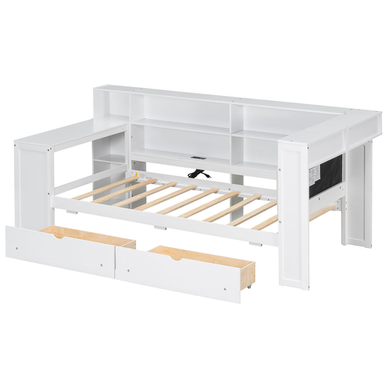 Platform Bed With Upholstered Headboard, Storage Shelves, Drawers, Charging Station, LED Lighting, Built In Desk
