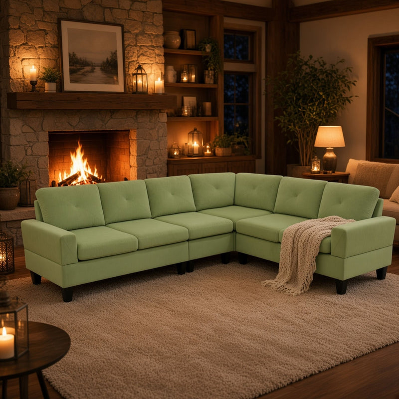 Modular L - Shaped Sectional Sofa, 6 Seater, 4 Piece Couch With Chaise - Green