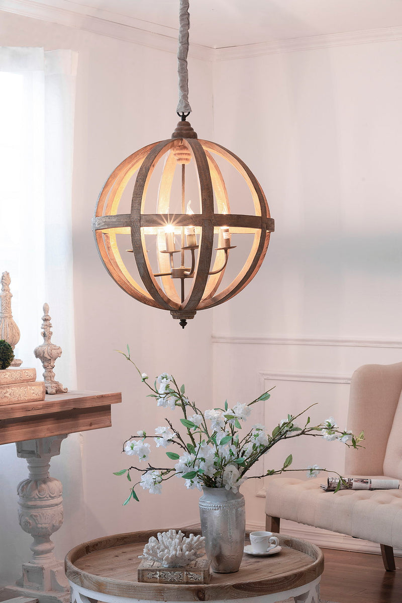 4 Light Wood Chandelier, Hanging Light Fixture With Adjustable Chain For Kitchen, Bulb Not Included - Brown