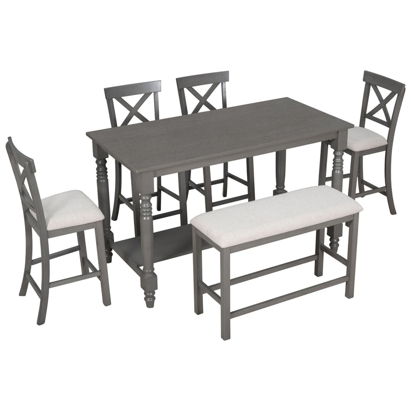Counter Height Dining Set With Shelf, 4 Chairs And Bench