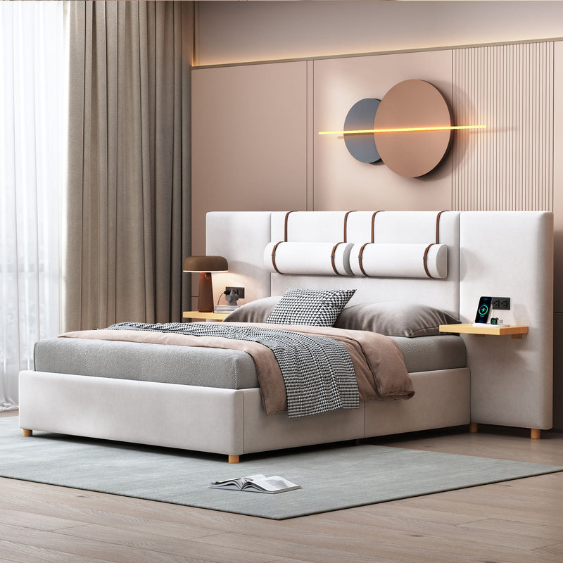 Upholstered Platform Bed, 2 Outlets And USB Charging Ports On Both Sides, 2 Bedside Pillows, Storage Shelves