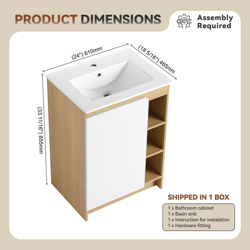 24" Bathroom Vanity With Sink & Tall Bathroom Cabinet, Vanity Set With Thin Edge Sink & Interchangeable Door Panels - Black / Light Oak / White