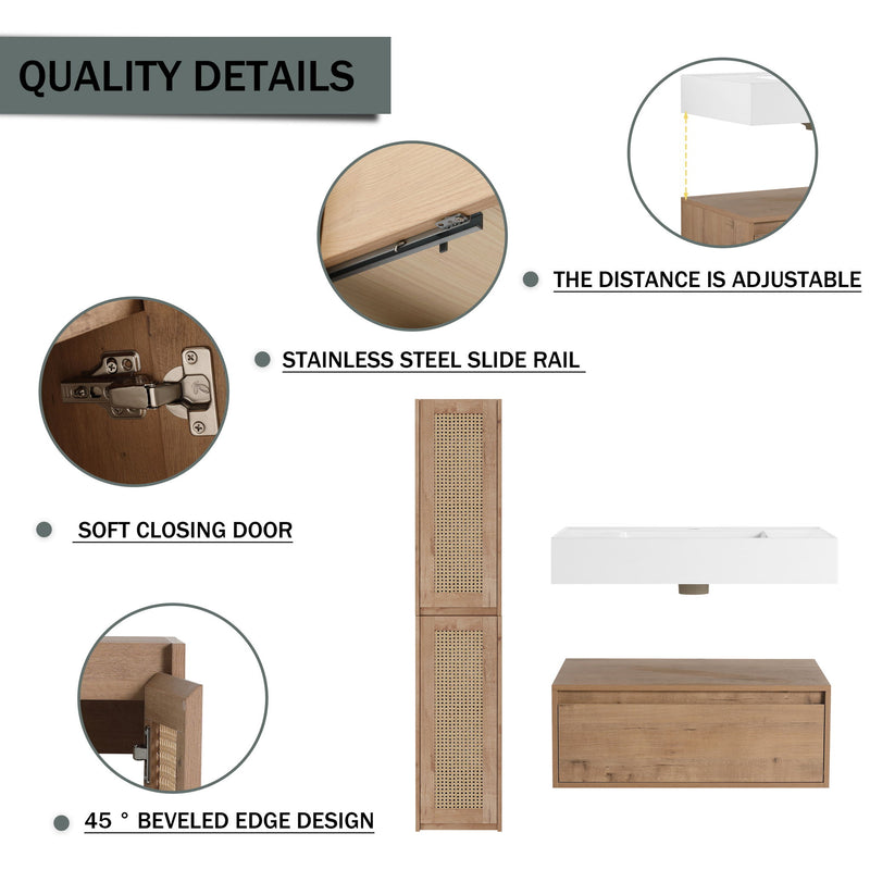 Modern Imitative Wall Mounted Bathroom Vanity With Resin Sink & 2 Side Cabinet, Soft Close Drawer - Imitative Oak