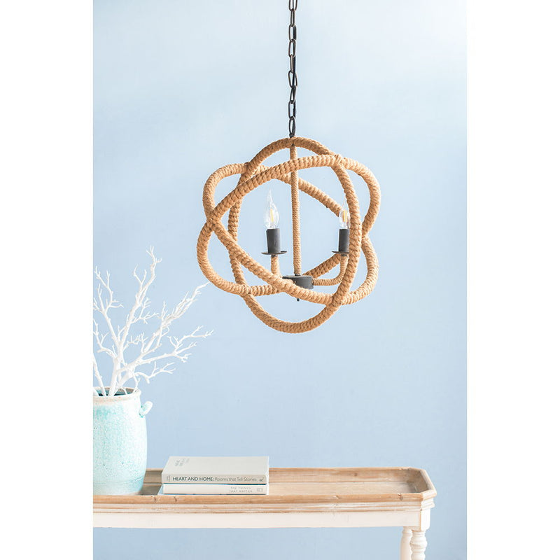 3 Light Farmhouse Chandelier, Rope Chandelier Globe Hanging Light Fixture With With Adjustable Chain For Kitchen, Bulb Not Included - Beige Brown