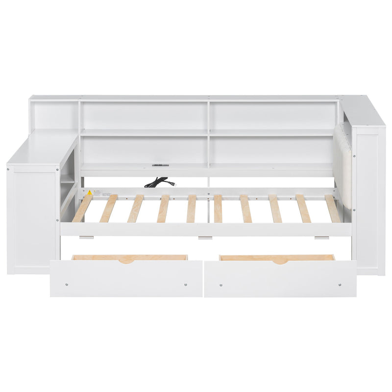 Platform Bed With Upholstered Headboard, Storage Shelves, Drawers, Charging Station, LED Lighting, Built In Desk