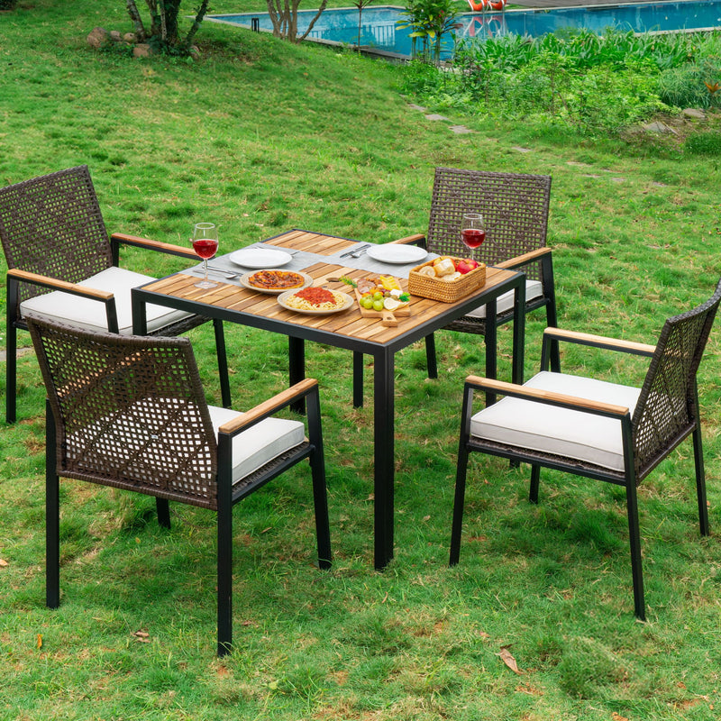 5 Piece Patio Dining Table Set, Acacia Wood Table Top With Umbrella Hole