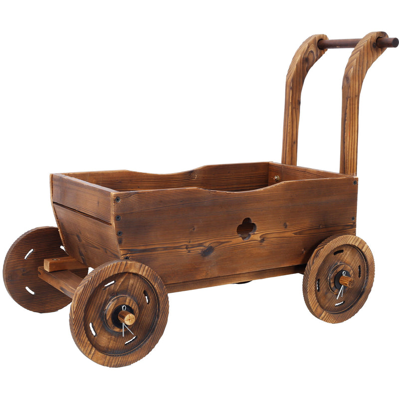 Wooden Wagon Planter Box Mobile Garden Planter With Wheels Handle Drain Hole Wood - Brown