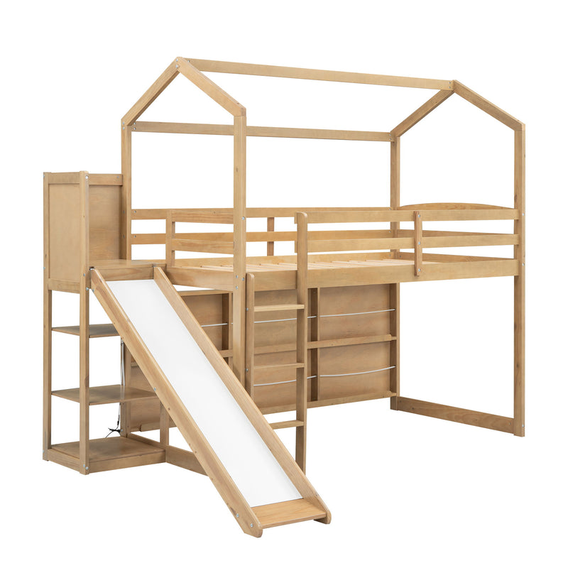 House Loft Bed With Slide, Storage Shelves And Light, Climbing Ramp