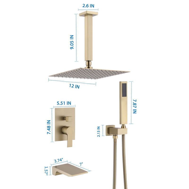 Contemporary Shower System With 12" Rainfall Head And Handheld Spray, Wall Mounted