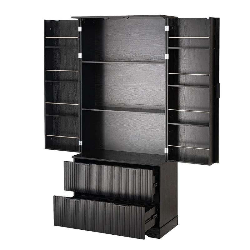 Fluted Kitchen Pantry Cabinet With 2 Large Drawers & 8 Door Spice Rack Freestanding Storage Organizer - Black