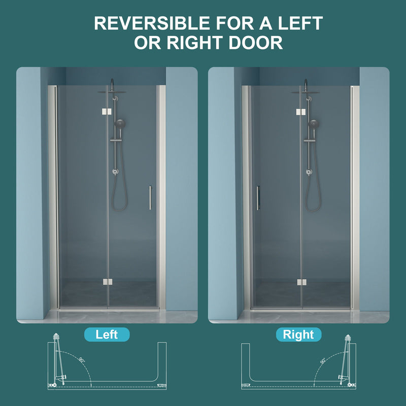 Fold Frameless Shower Door With Tempered Glass - Brushed Silver