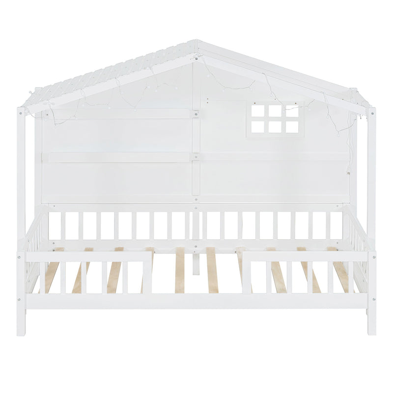 House Bed With Shelves, Window And Sparkling Light Strip On The Roof
