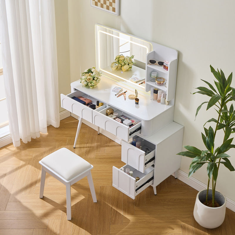 Modern Makeup Vanity Desk With LED Lights & Mirror 4 Drawer Dressing Table Set Space Saving For Bedroom - White