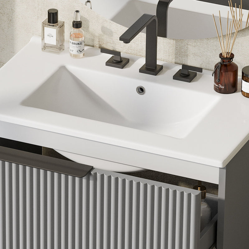 Fluted Bathroom Vanity With Ceramic Sink, Freestanding Cabinet