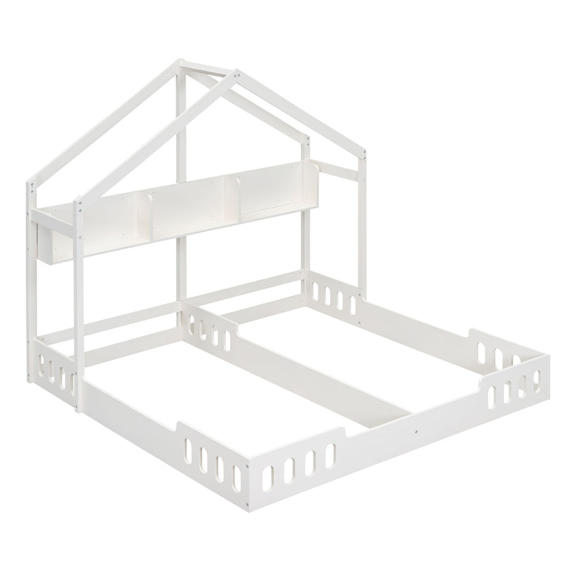 Twin Size Platform Bed With Shared Design, Guardrails, And Built In Shelves - Creamy White