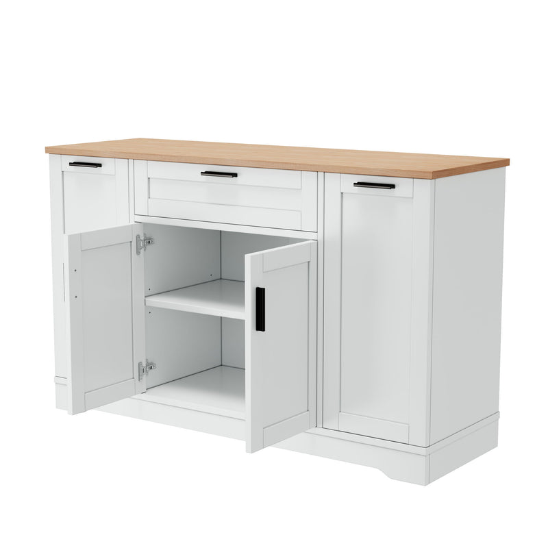 Sideboard With Extendable Table, Adjustable Shelves, 3 Tier Pull Out Rack - White