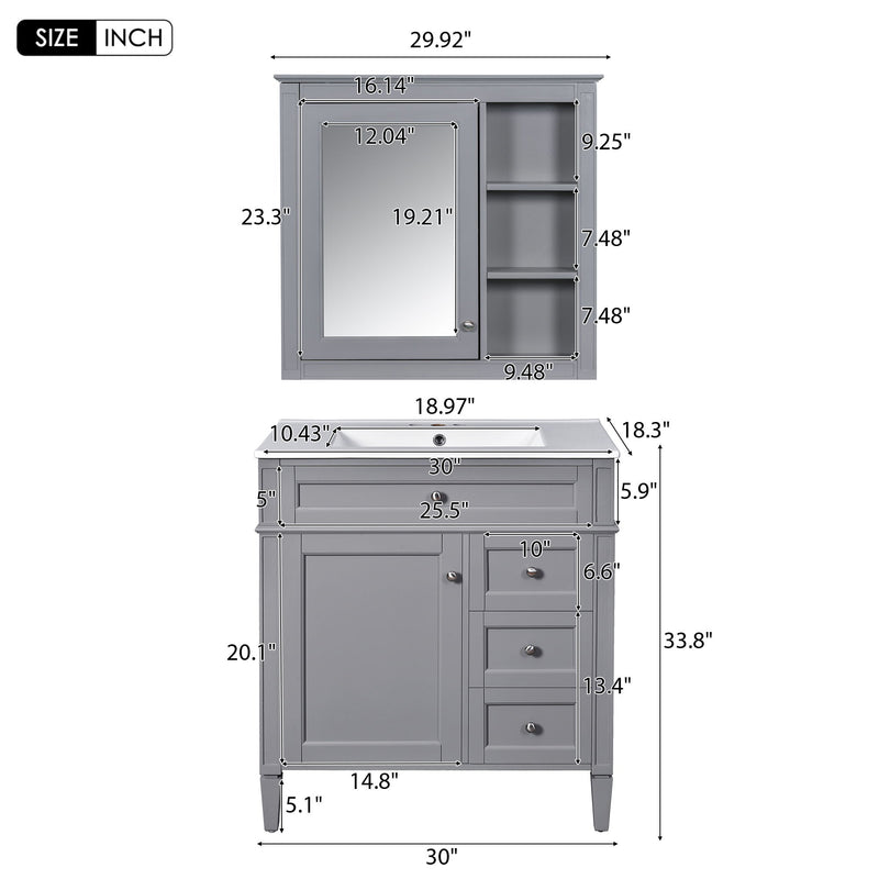 Bathroom Vanity With Top Sink, Freestanding Storage Cabinet With 2 Doors And 3 Drawers, Mirror Cabinet Included - Gray