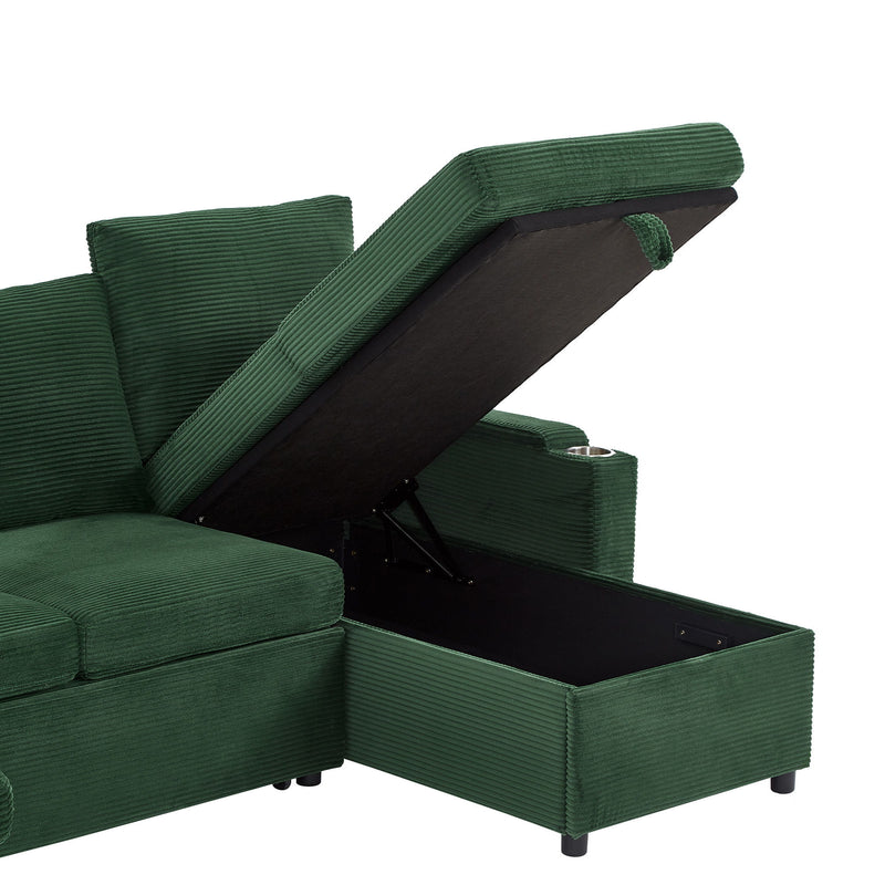 U Shaped Sectional Sofa Bed With Storage Chaise Lounges, USB Ports, And Cup Holders