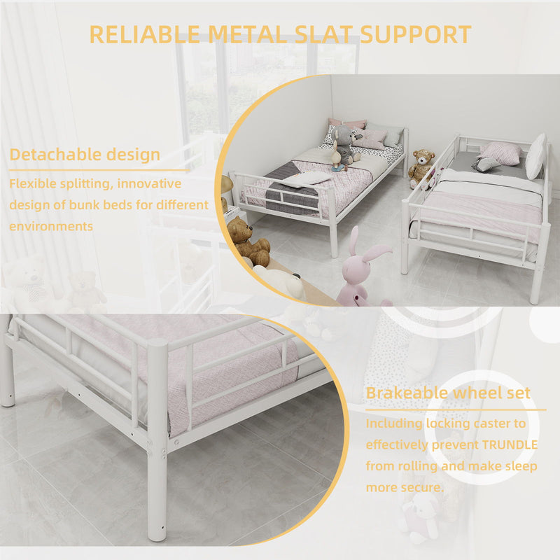 Metal Bunk Bed For Kids, Convertible Bedframe With Ladders & Guardrail