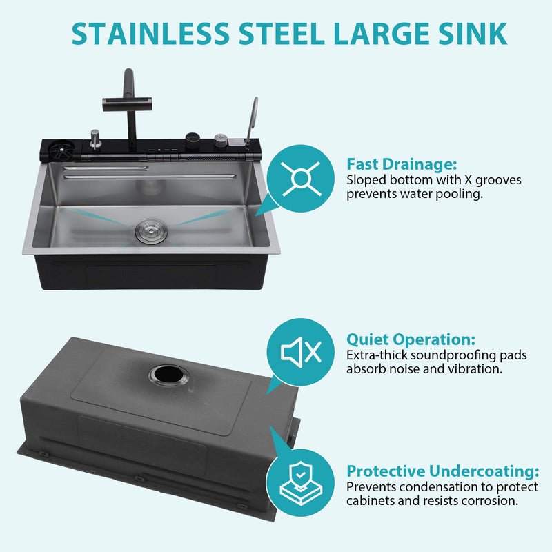 30" Single Bowl Kitchen Sink With Smart LED Faucet