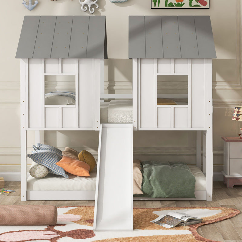 Twin Over Twin House Bunk Bed & Slide And Windows - White