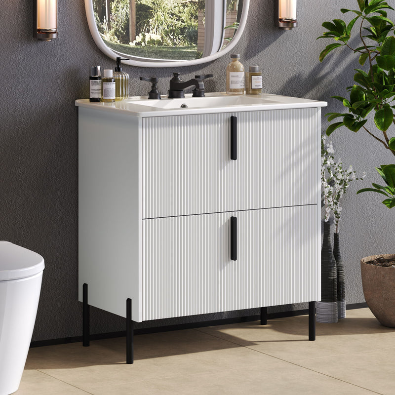 Bathroom Vanity With Ceramic Sink, Fluted Design