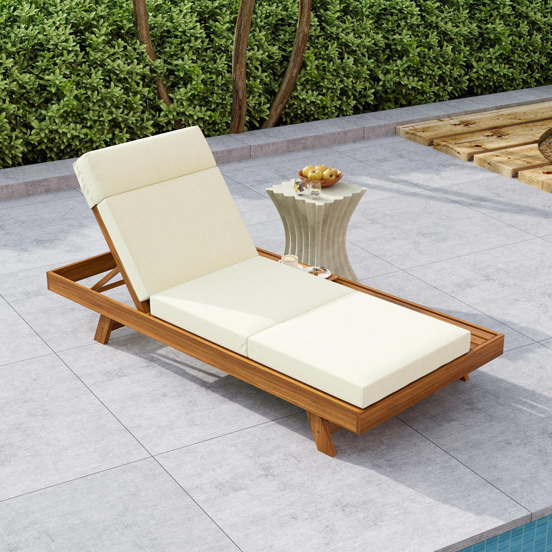 Acacia Wood Lounge Chaise Set With Headrest And Water Resistant Cushions - Beige