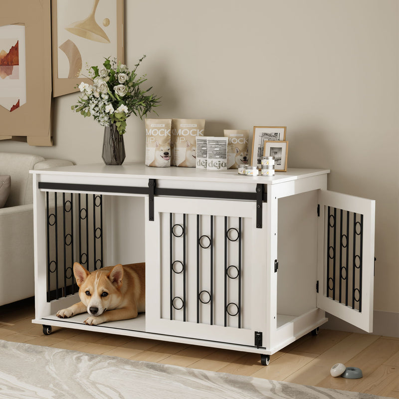 Dog Crate With Sliding Barn Door And Side Access, Lockable Wheels For Small To Medium Dogs - White