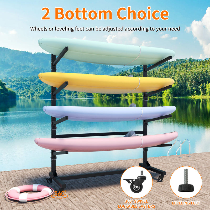 Freestanding Kayak Storage Rack With Lockable Wheels For Kayak, Canoe, Sup & Surfboard