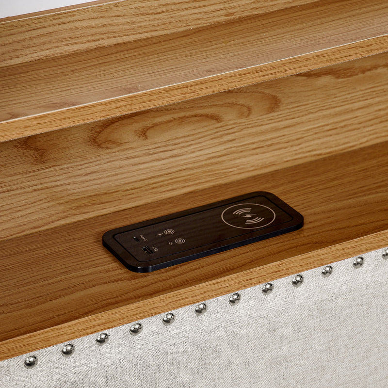 Twin Upholstered Sofa Bed With LED Lights, Storage Drawers, Adjustable Headboard & Wireless Charging - Beige