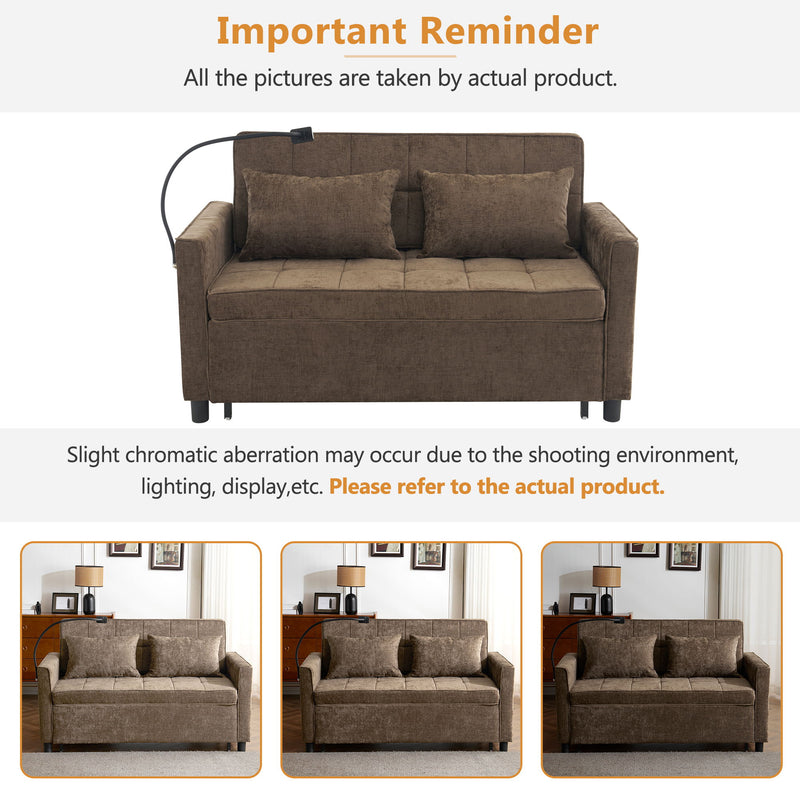 Pull-Out Sleeper Sofa With Reversible Backrest Cushion, Side Pockets, 2 USB Ports And A Phone Holder For Living Room