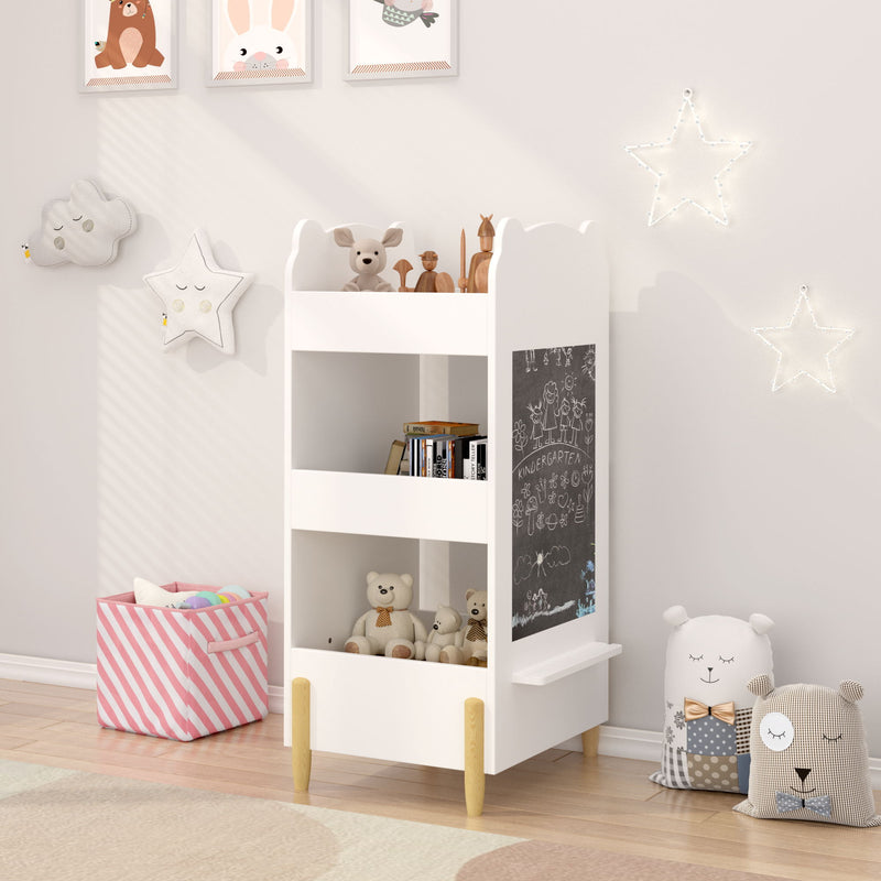 Bear Shaped Bookshelf With Chalkboard Side, 3 Tier Storage Organizer For Playroom - White