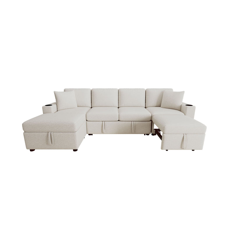 Sectional Sofa Convertible Pull-Out Bed With Storage Ottoman & USB Ports
