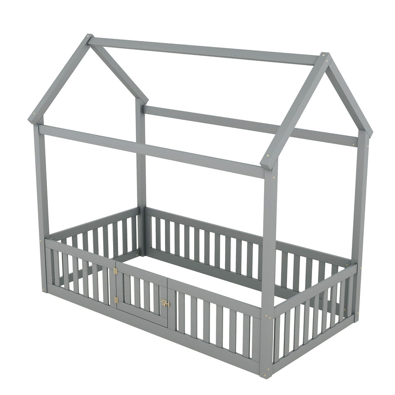 Wood House Bed With Fence And Door