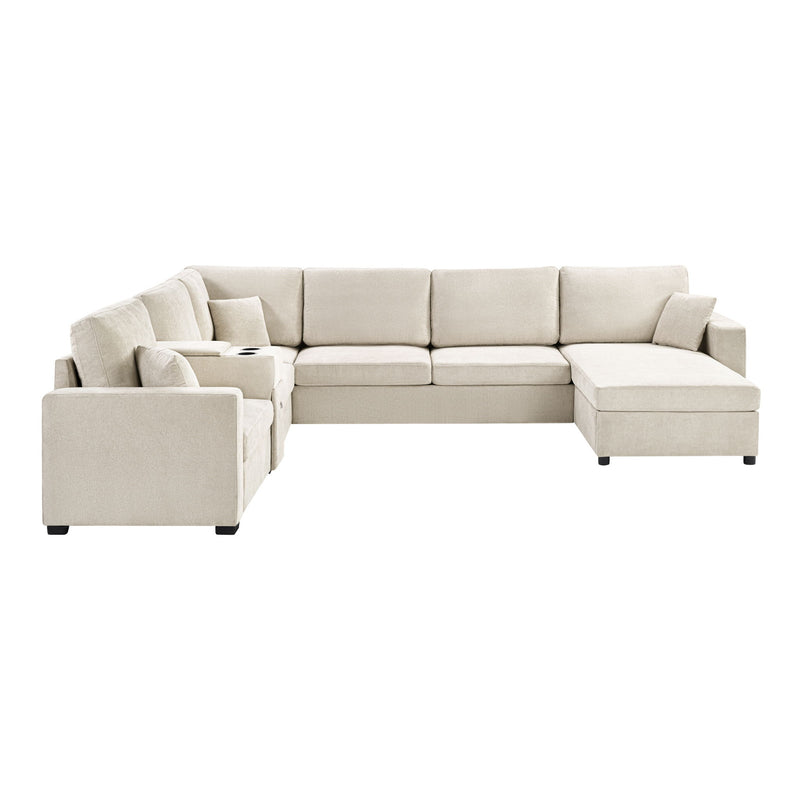 Modular 5 Seat U-Shape Sectional Sofa With Chaise Lounge, Built In Cup Holders And Storage Drawer