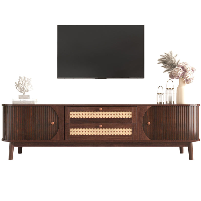 TV Stand For TVs Up To 75'', Cabinet With Drawers And Sliding Doors, Living Room Entertainment Console - Natural Wood / Brown