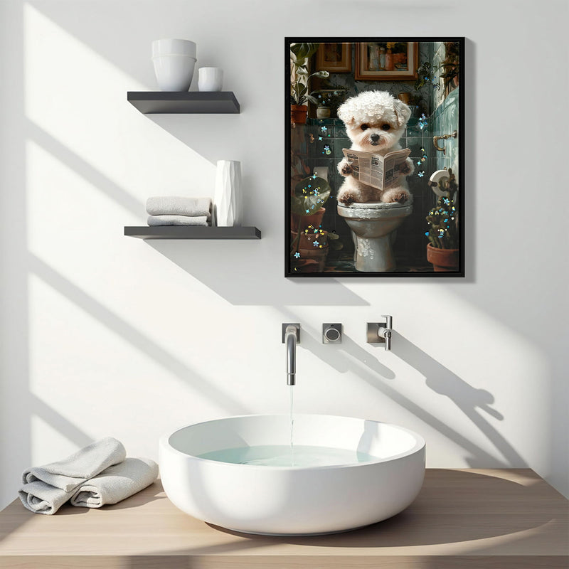 Framed Bathroom Decor, Cute Puppy Wall Art In Picture Frame, 3D Canvas Print - Indigo / White