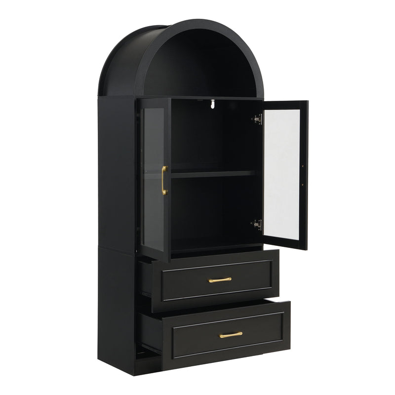 Arched Top Storage Cabinet With Fixed 2 Tier Shelves, 2 Large Drawers