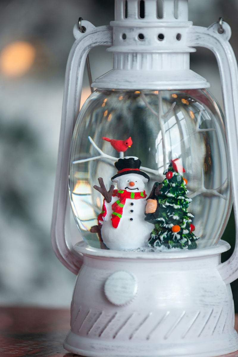 Christmas Plastic / Resin Lantern With Snowman & Tree LED / Water Spinning / 6 Hours Timer, 3*AA Batteries Required - White / Multi